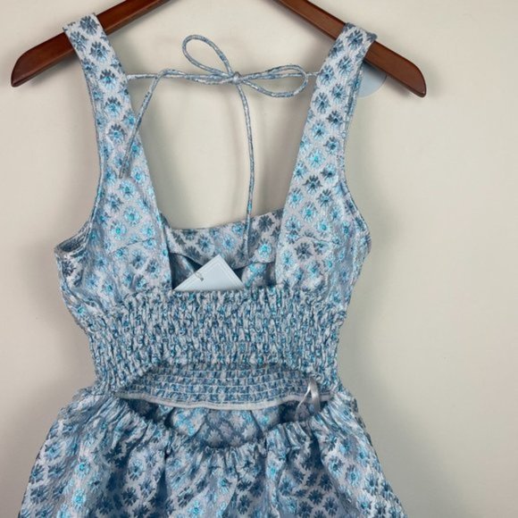 Hill House The Cher Metallic A Line Mini Dress Snowflake Brocade Blue/ White S - Picture 6 of 10